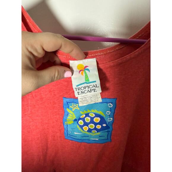 Vintage Y2K Tropical Escape Coral Red Midi Tank Fish Coastal Beach Dress MED - Picture 7 of 8